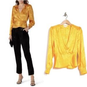 Lorie Satin Long Sleeve Blouse RONNY KOBO Yellow NWT Medium